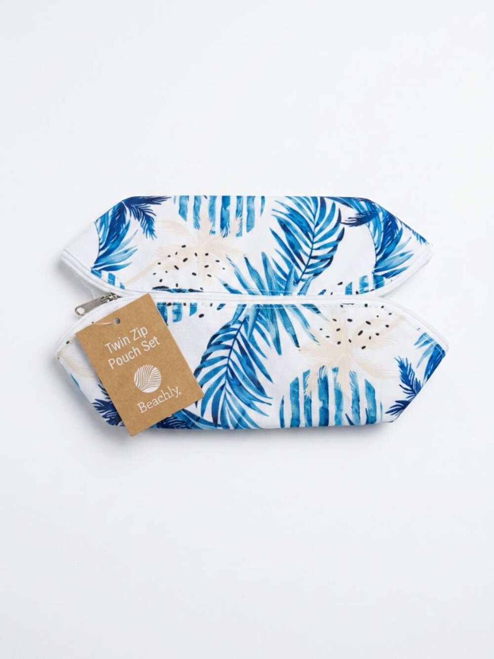 NWT Beachly Twin Zip Pouch Set Tropical Palm Print Makeup Bag Coastal